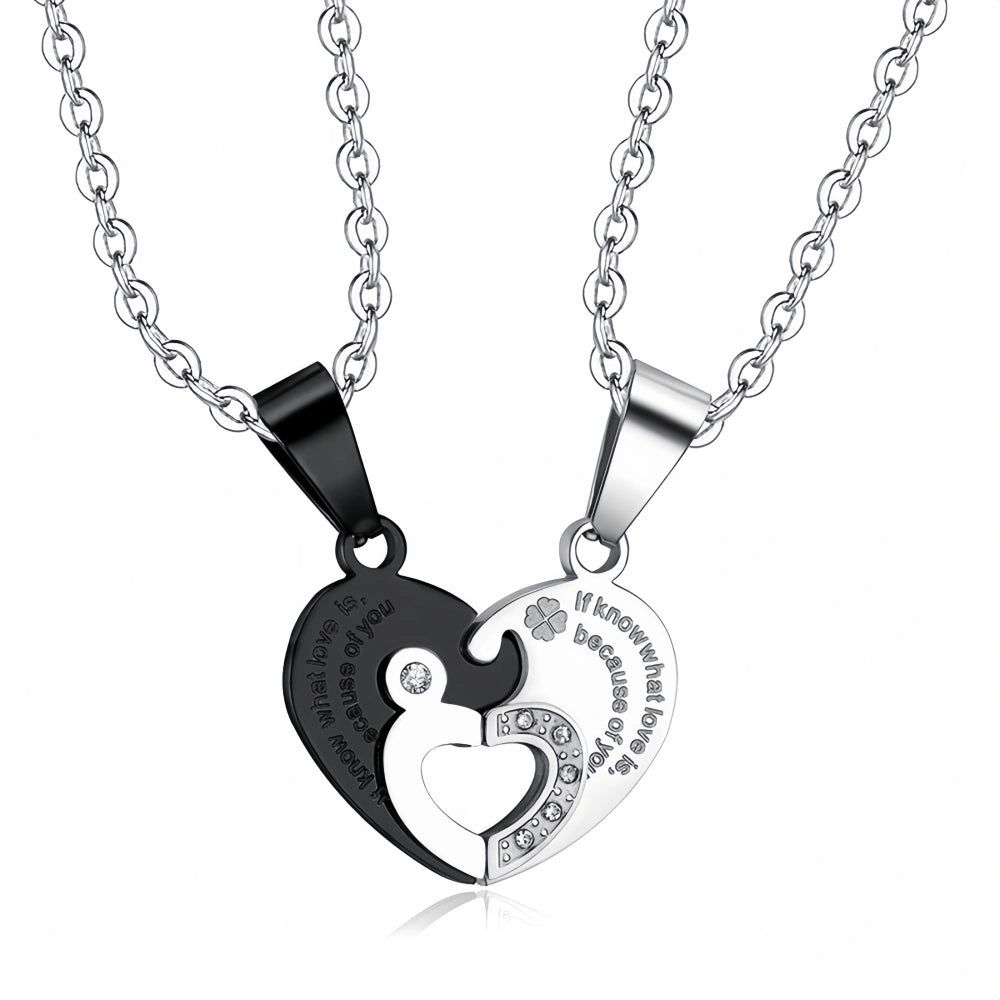 Because Of You Matching Heart Couple Necklaces In Titanium