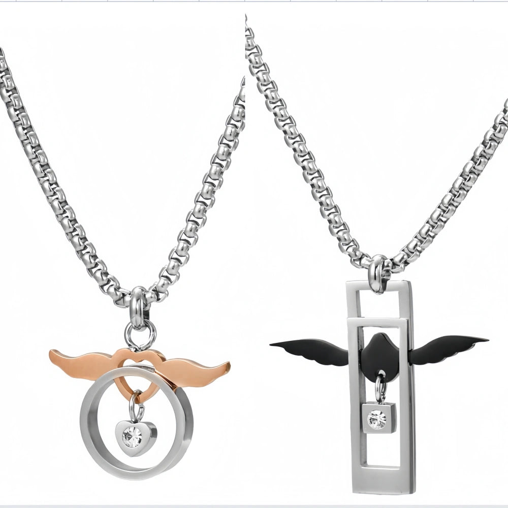 Engravable Angel And Demon Heart Cross Couple Necklaces In Titanium