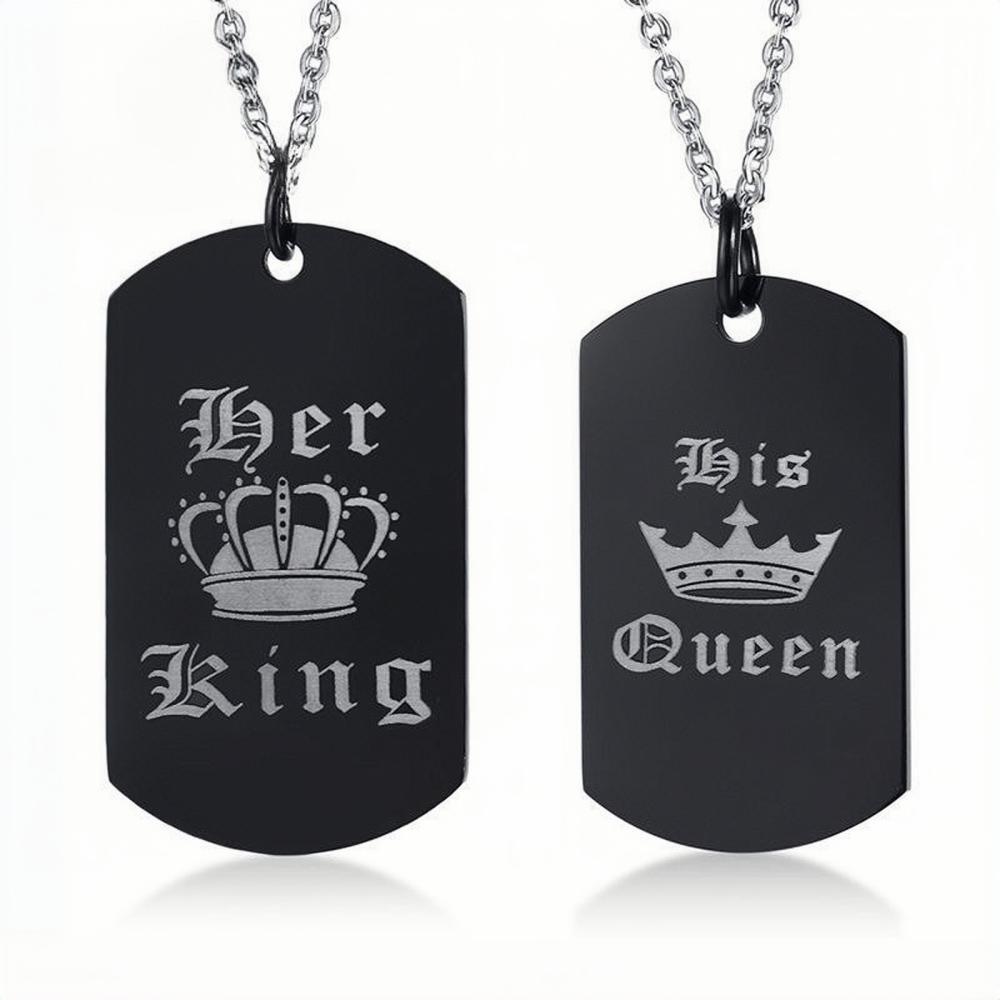 Engravable Black Her King His Queen Matching Couple Necklaces In Titanium