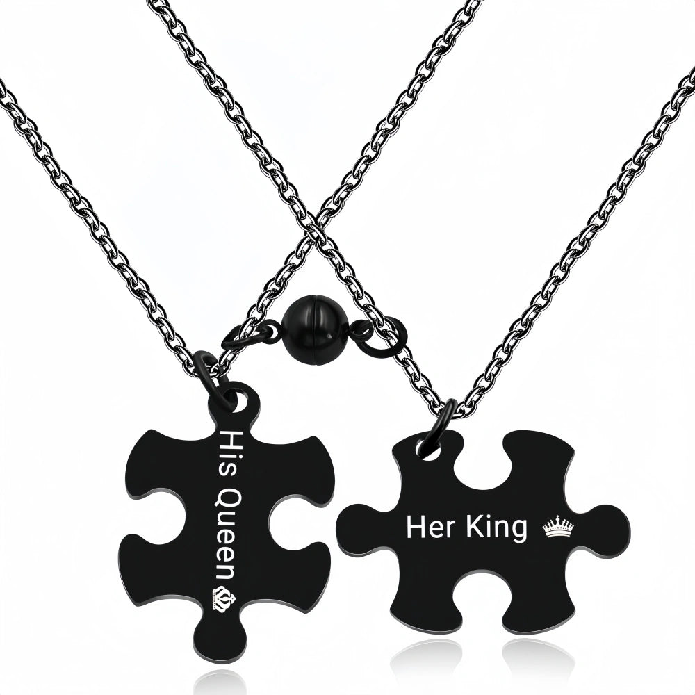 Engravable Her King His Queen Magnetic Puzzle Necklace for Couples