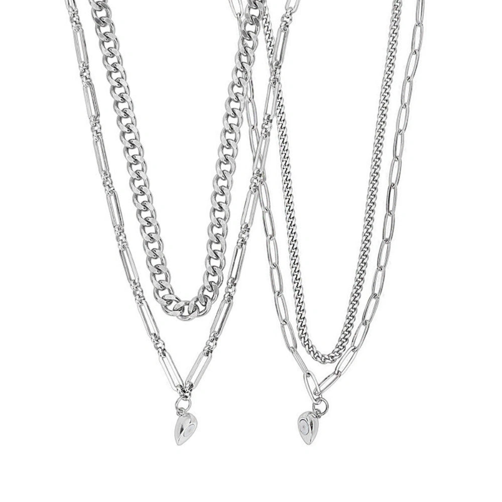 Engravable Magnetic Heart Double Cuban Chain Couples Necklaces