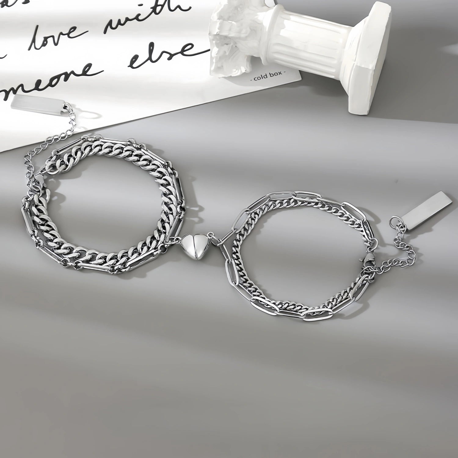 Engravable Magnetic Heart Double Cuban Chain Couples Necklaces