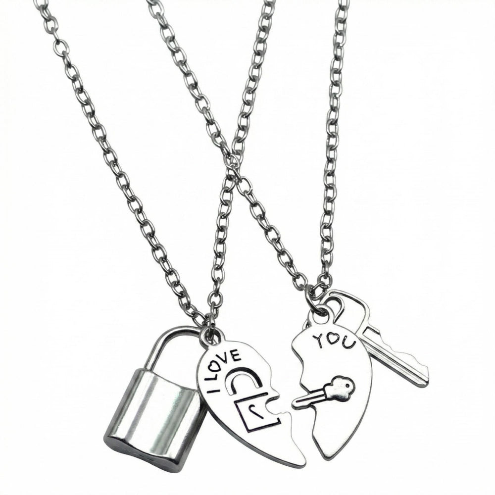 Lock And Key Matching Heart Necklaces For Couples In Titanium