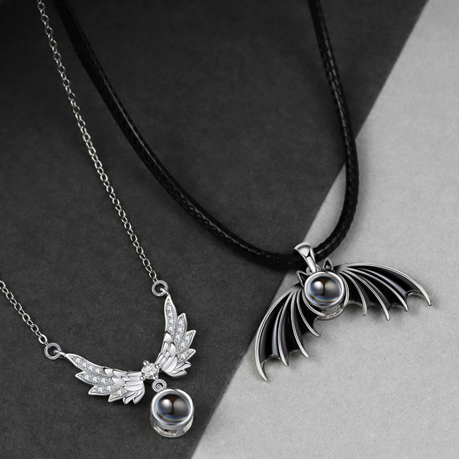 Personalized Angel And Demon Photo Projection Couple Necklaces