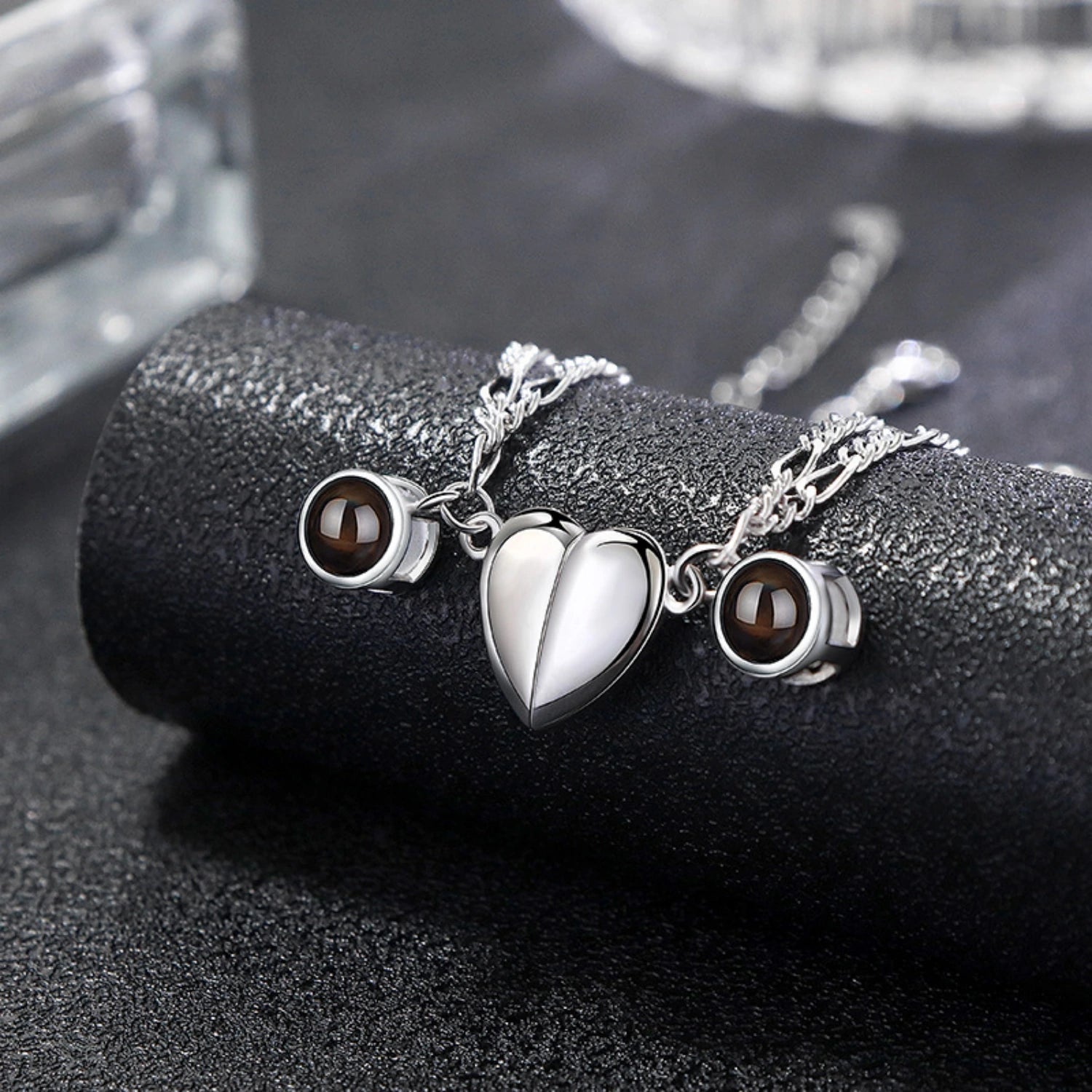 Personalized Matching Heart Photo Projection Couple Necklaces