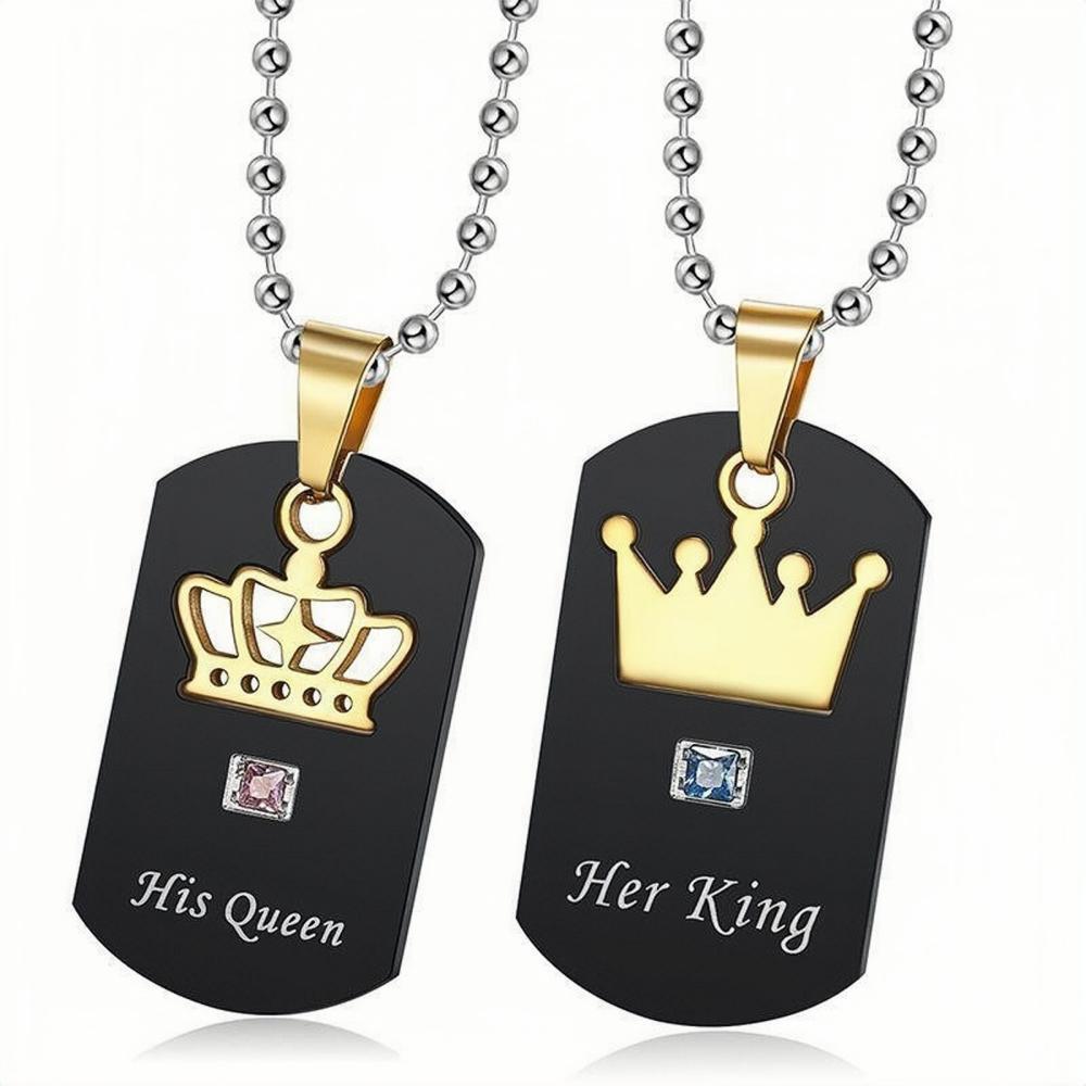 Engravable Her King His Queen Necklace For Couples In Titanium