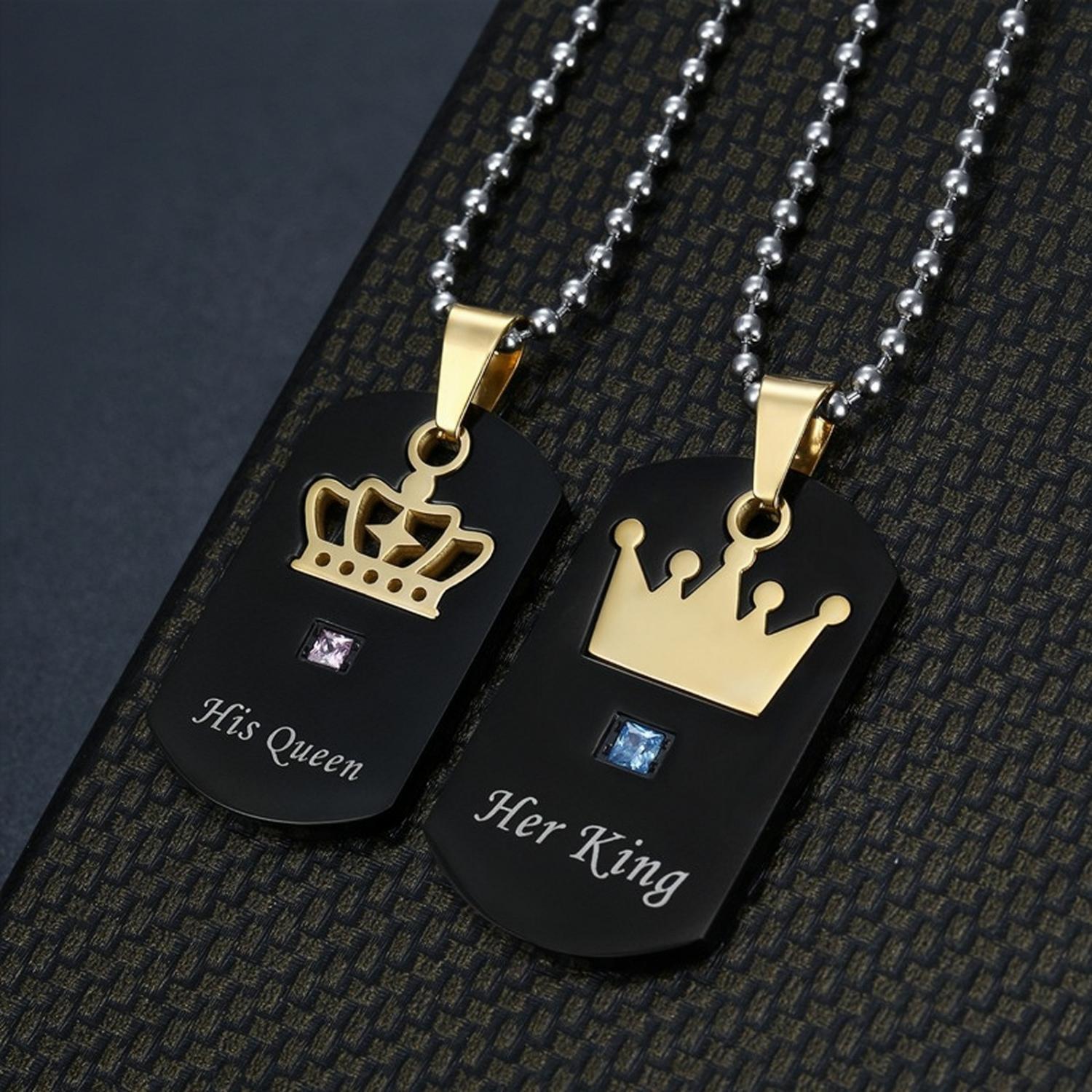 Engravable Her King His Queen Necklace For Couples In Titanium