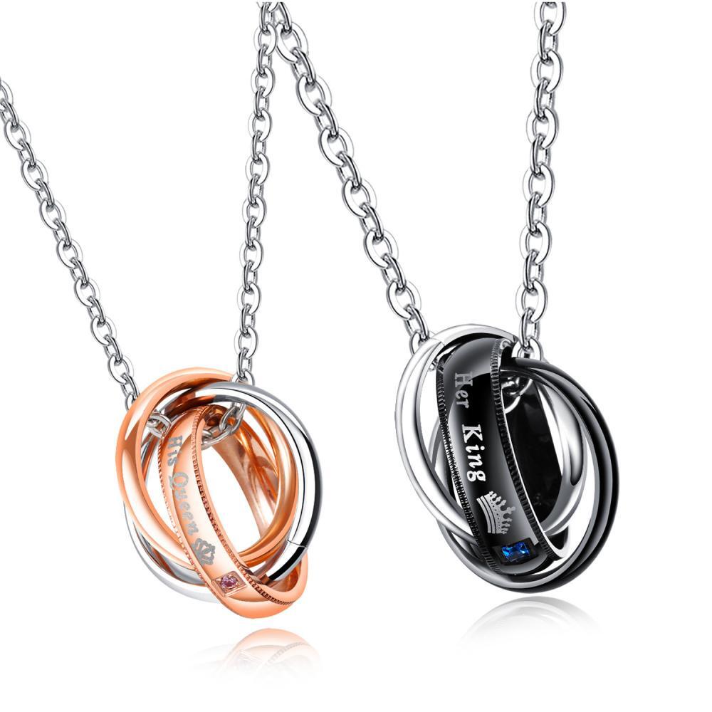 Unique Her King His Queen Interlocking Ring Couple Necklaces In Titanium