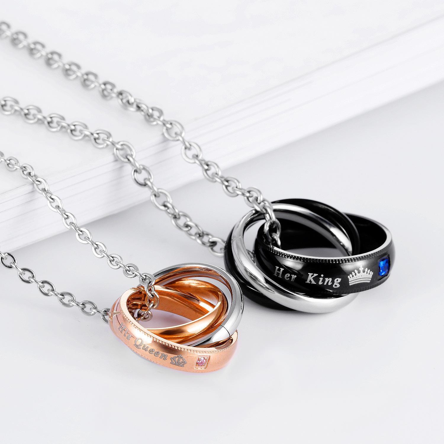 bimg_440_1 Unique Her King His Queen Interlocking Ring Couple Necklaces In Titanium