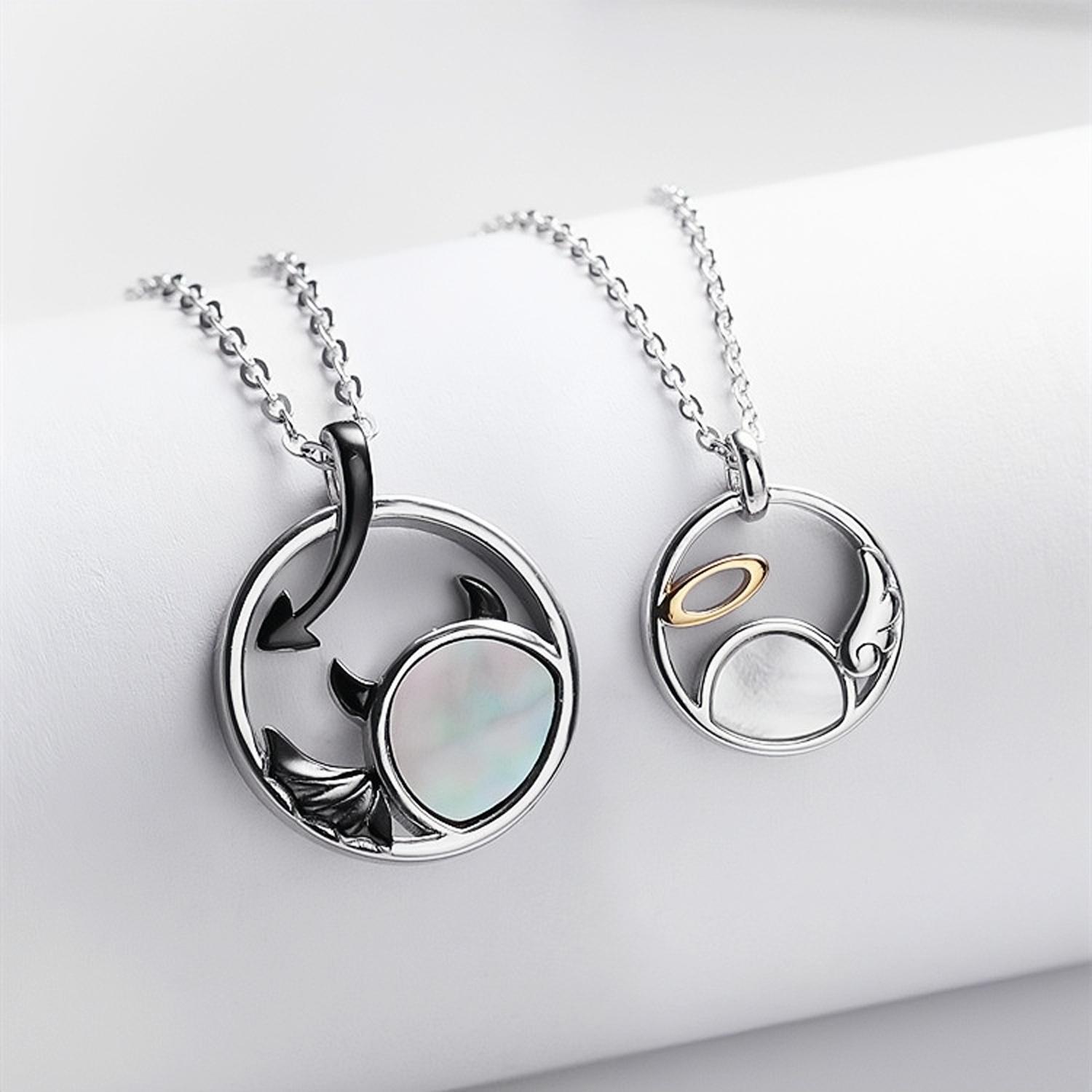 Unique Angel And Demon Matching Couple Necklaces In Sterling Silver