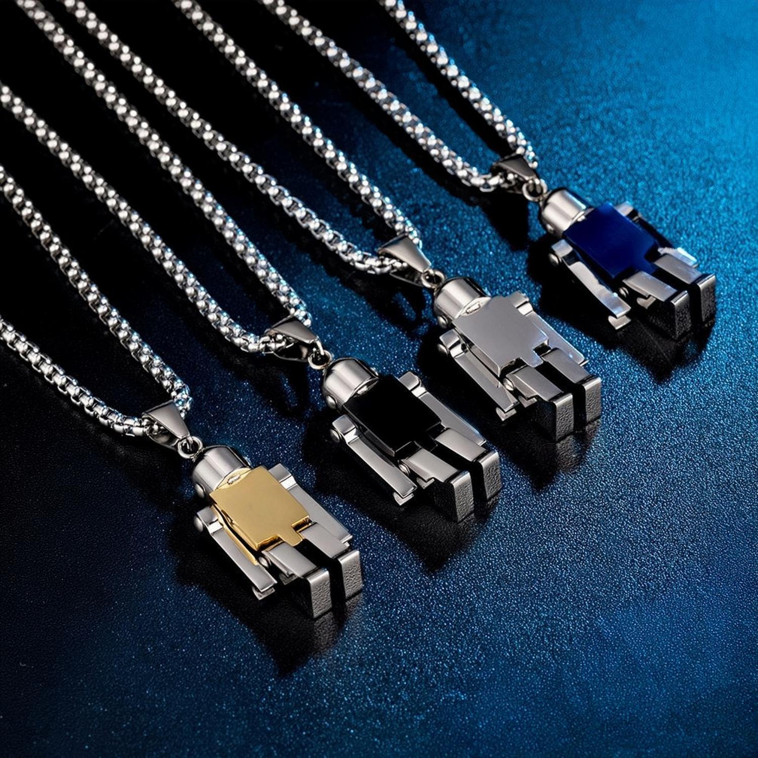 Engravable Cute Robot Couple Necklaces In Titanium