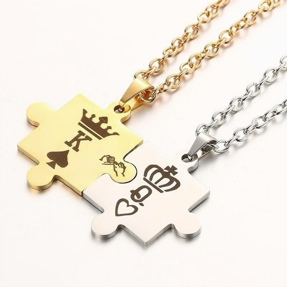 Unique King And Queen Matching Puzzle Couple Necklaces In Titanium