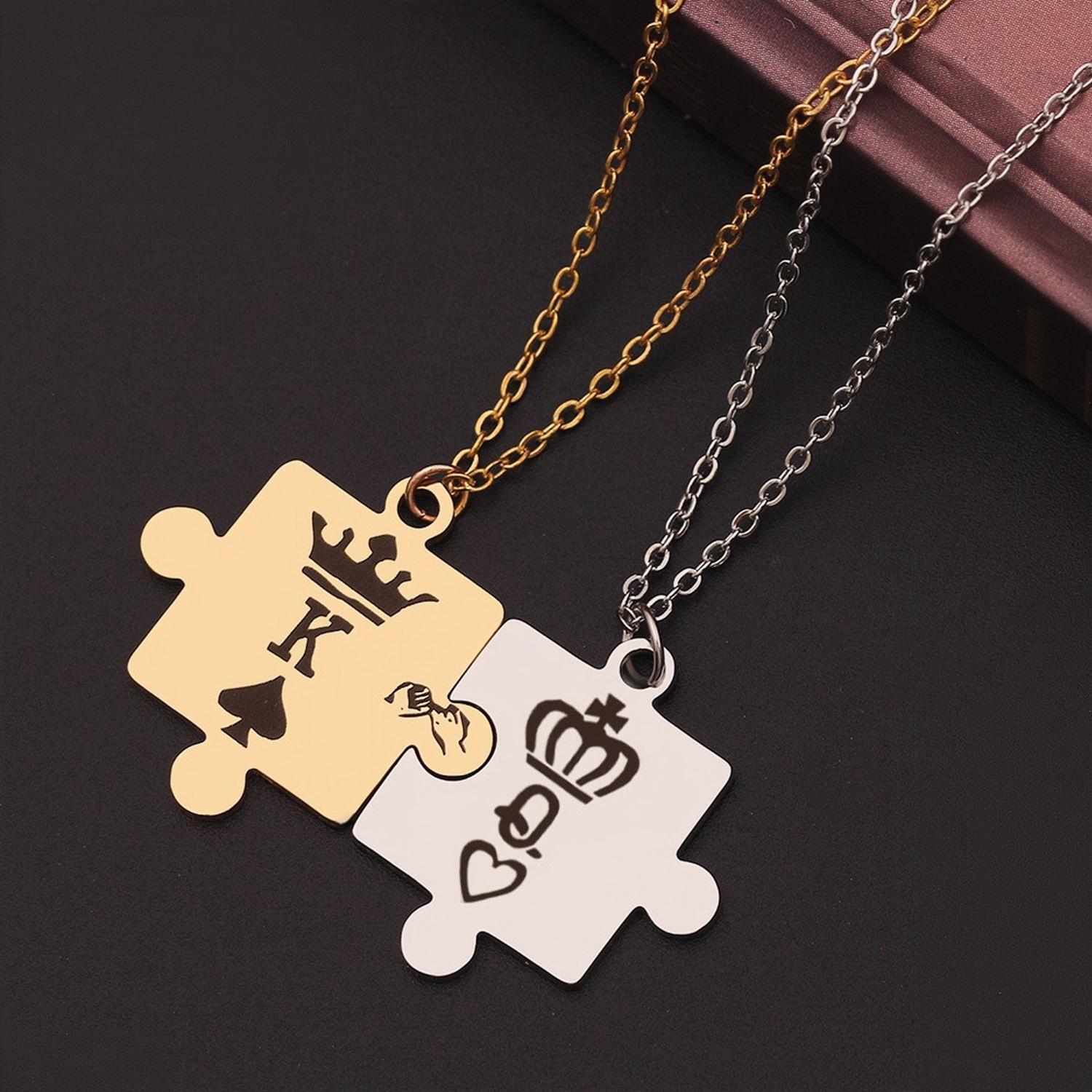 Unique King And Queen Matching Puzzle Couple Necklaces In Titanium