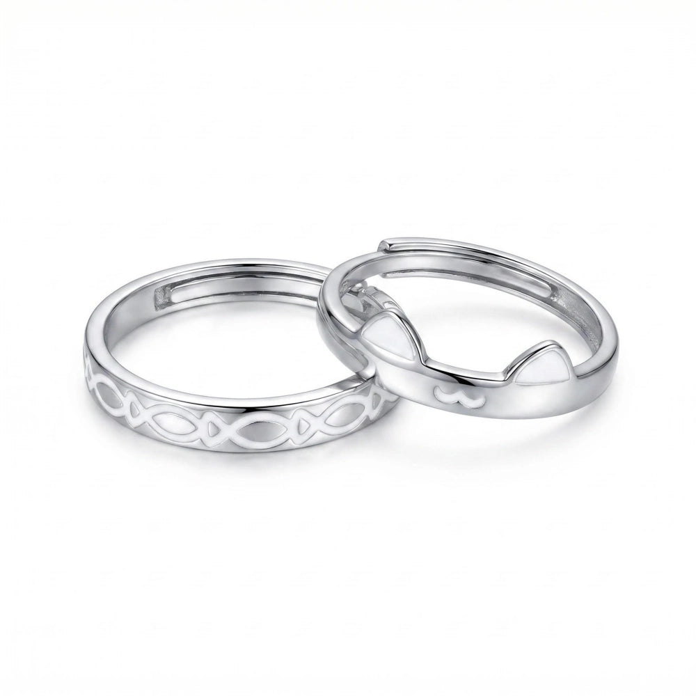 Adjustable Glow In The Dark Cat And Fish Silver Couple Promise Rings