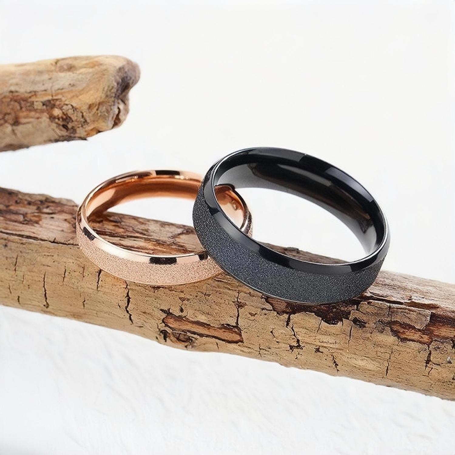 Black And Rose Frosted Couple Rings In Titanium