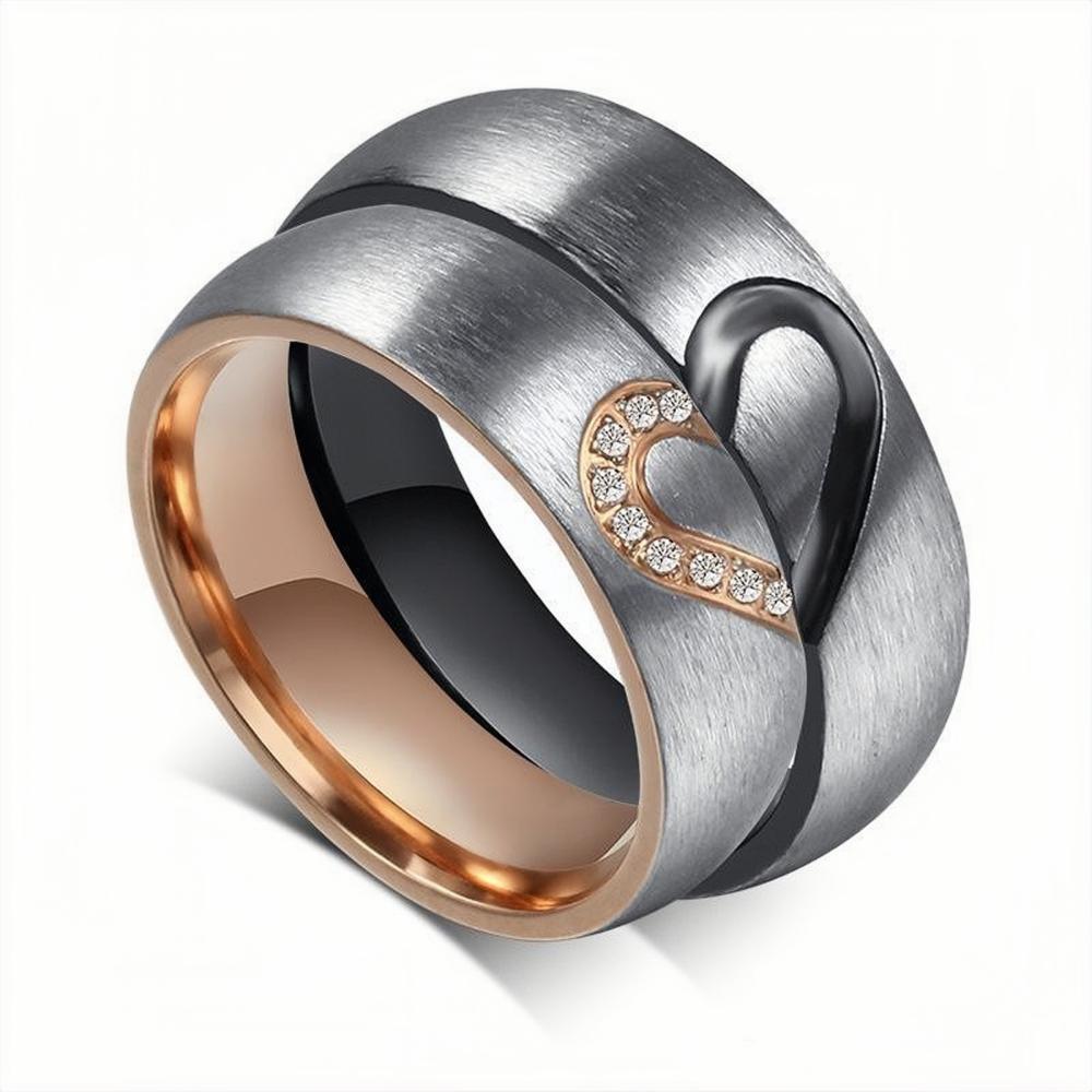 Black And Rose Matching Heart Rings For Couples In Titanium Steel