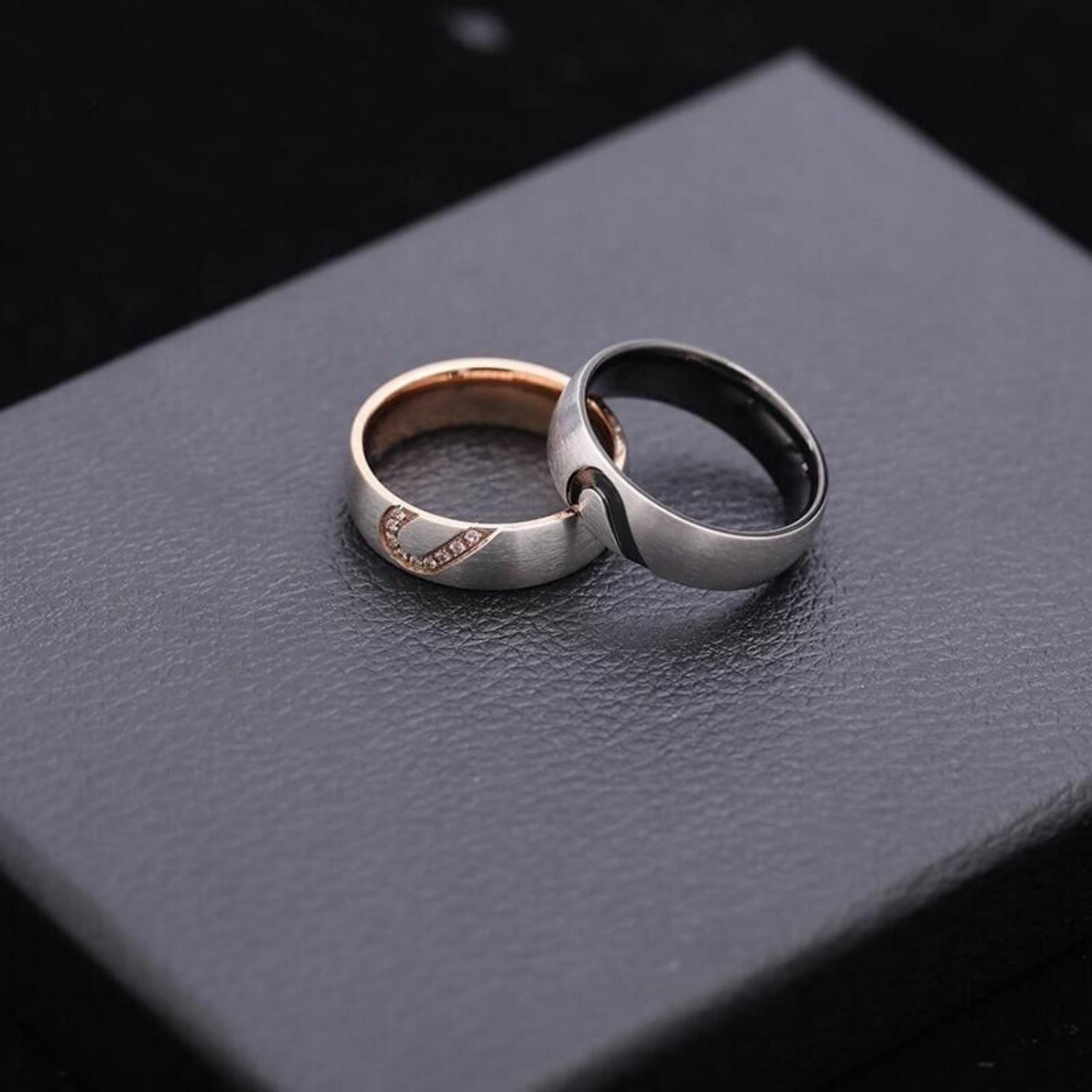 Black And Rose Matching Heart Rings For Couples In Titanium Steel