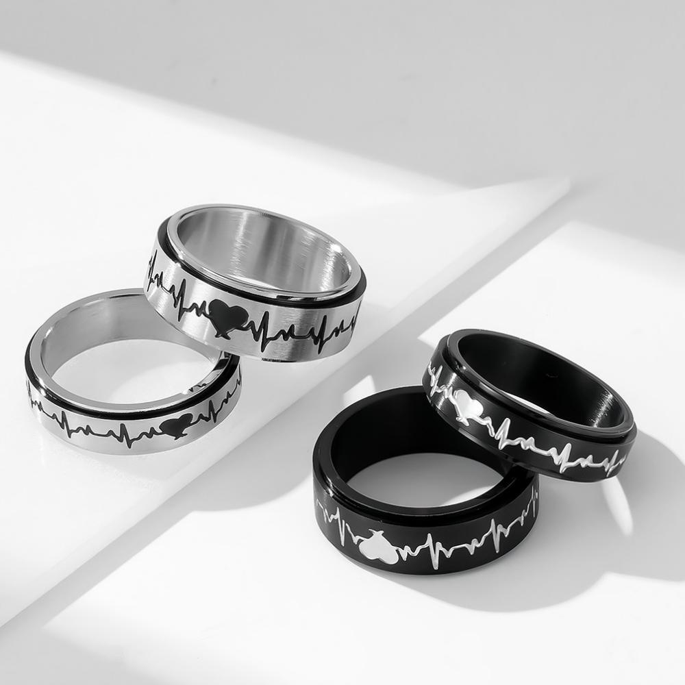bimg_77_0 Rotatable Black And Silver Matching Heartbeat Couple Rings In Titanium