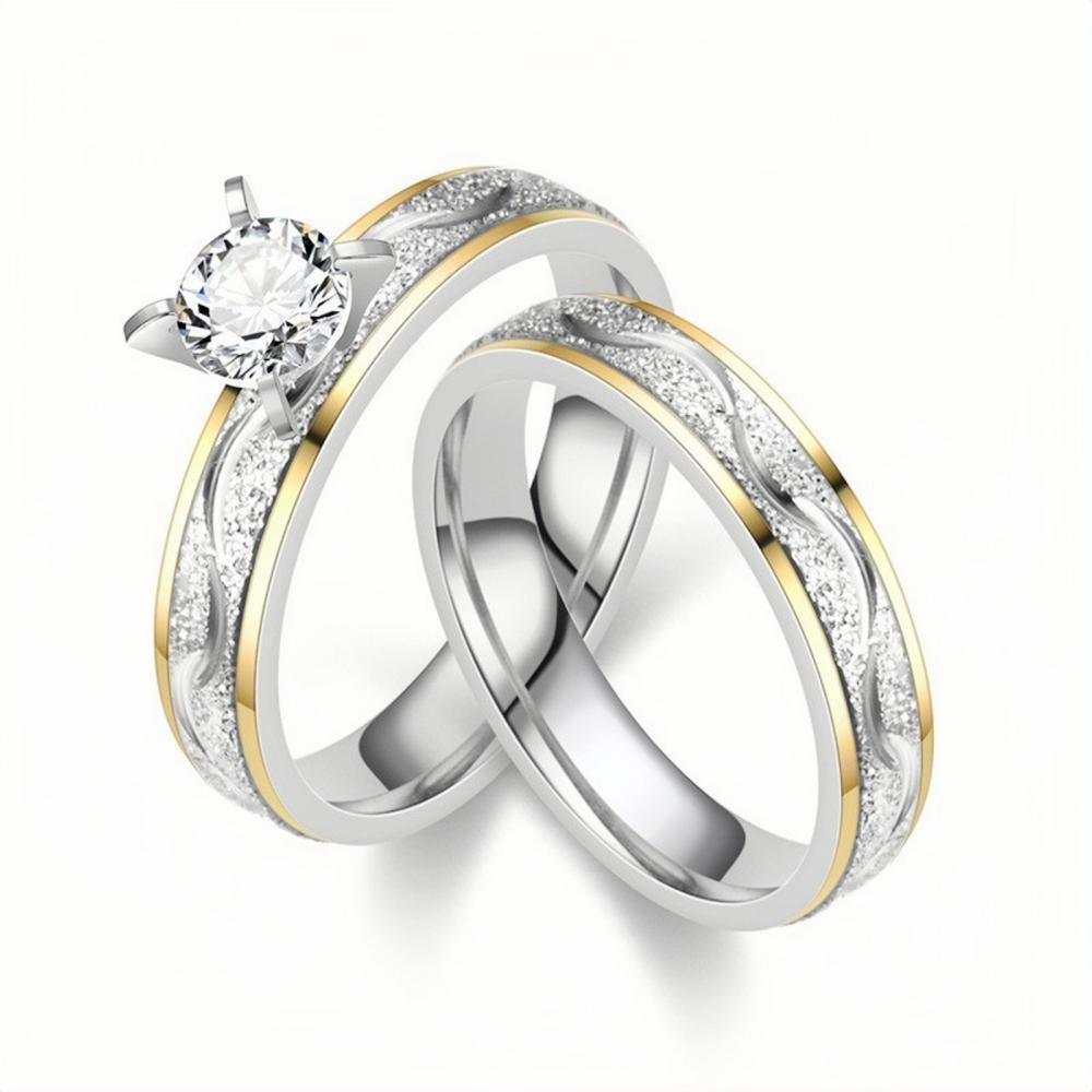 Yellow And Silver Two-Tone Solitaire Couple Rings In Titanium