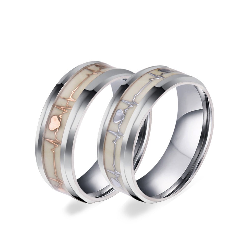 Engravable Luminous Heartbeat Couple Promise Ring Set In Titanium