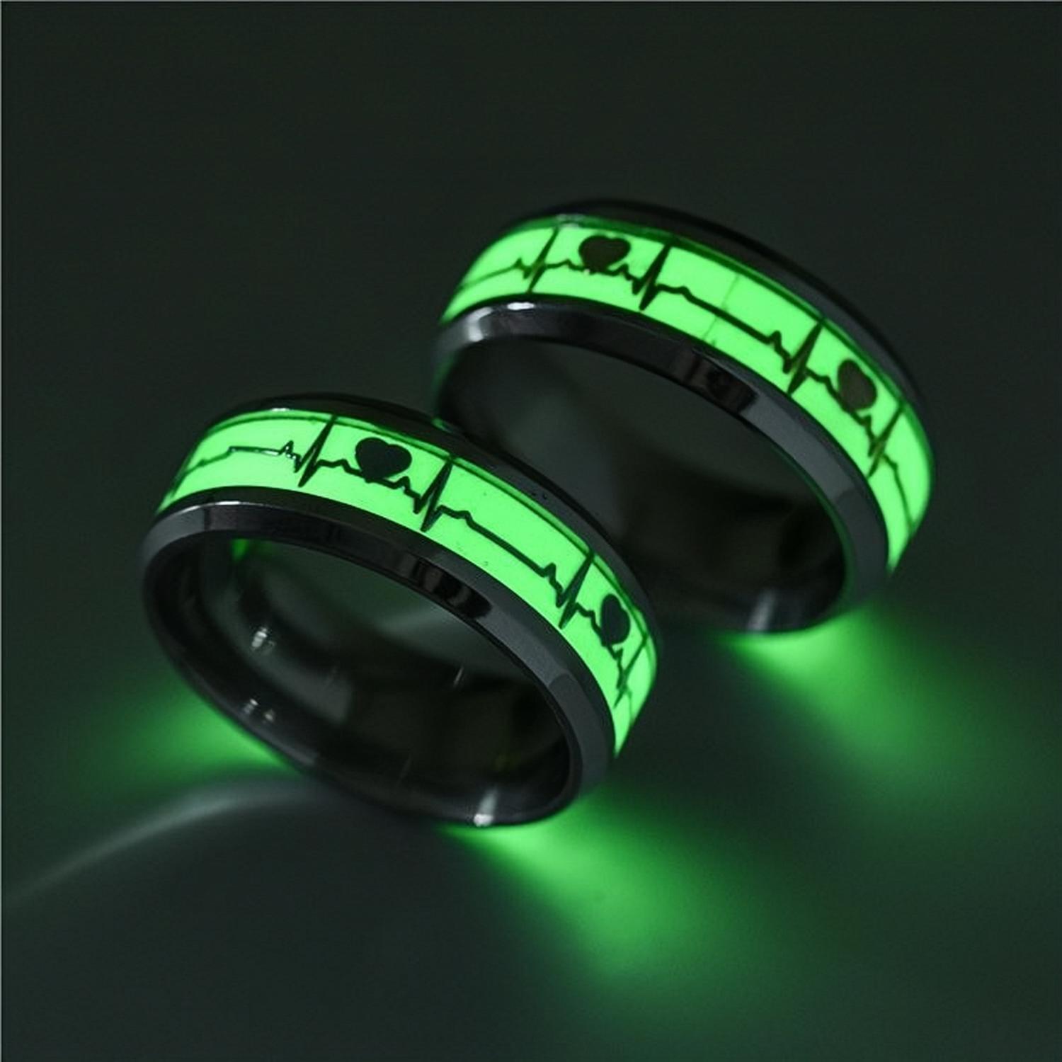 Engravable Luminous Heartbeat Couple Promise Ring Set In Titanium