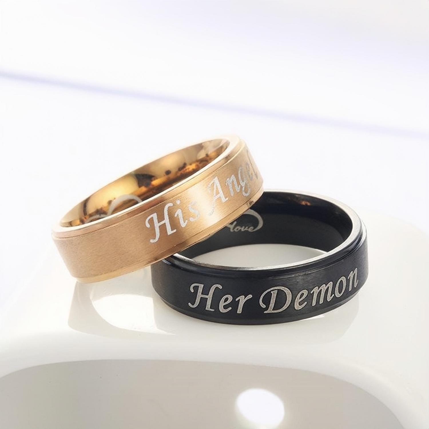 Unique Her Demon His Angel Promise Rings For Couples In Titanium