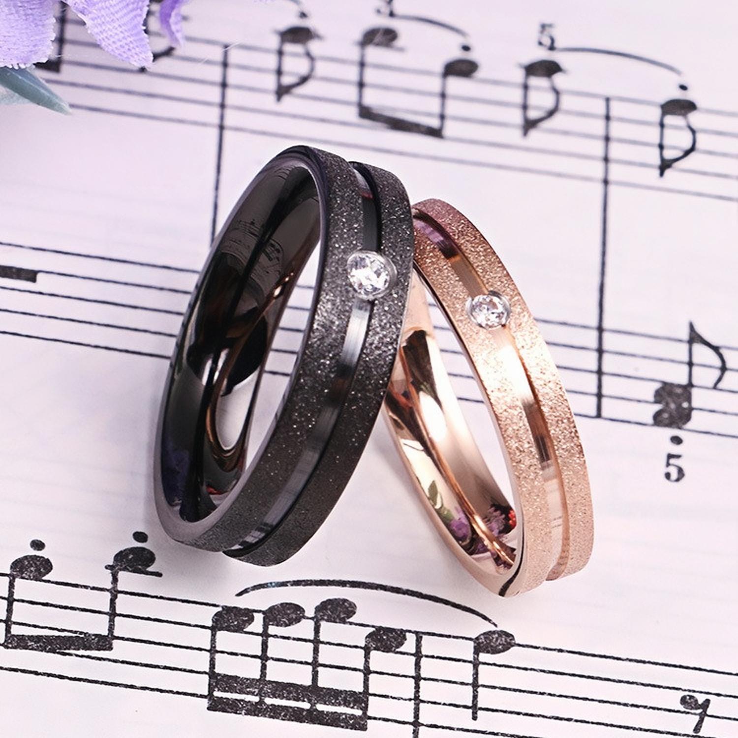 Engravable Simple Frosted Couple Rings Set In Titanium