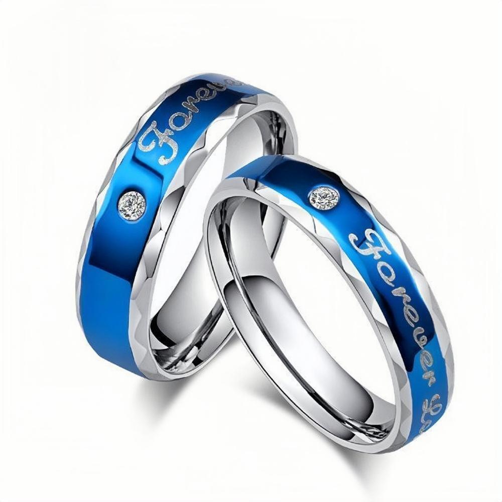 Engravable Blue Forever Love Promise Rings For Couples In Titanium