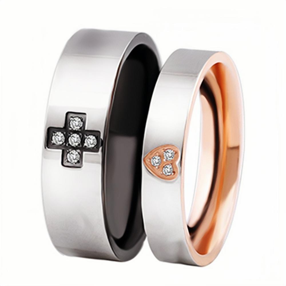 Engravable Cross And Heart Couple Rings Set In Titanium