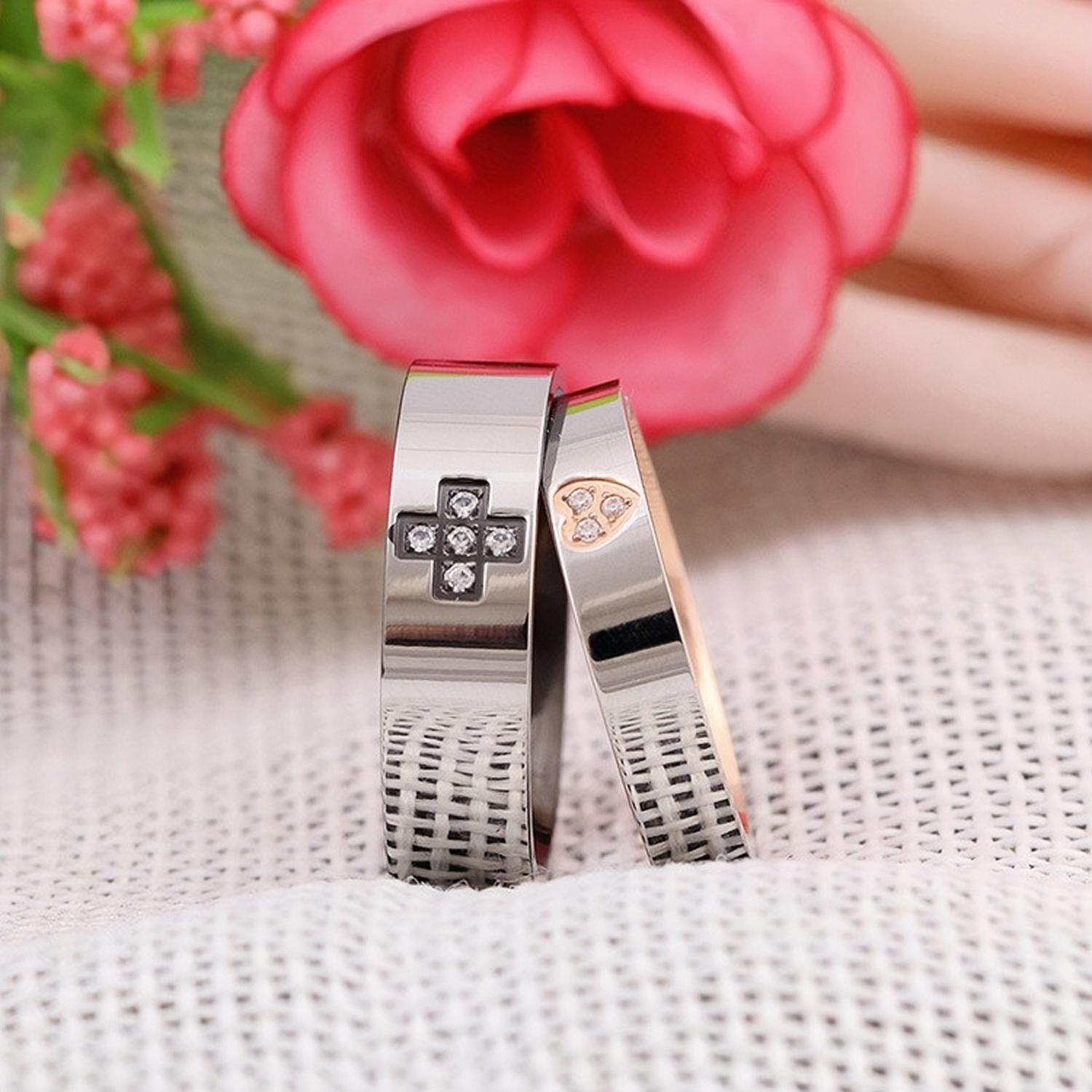 Engravable Cross And Heart Couple Rings Set In Titanium