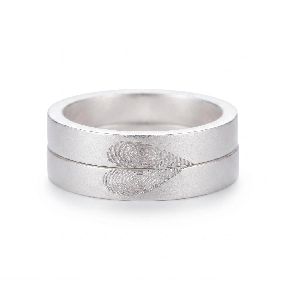 Custom Matching Heart Frosted Silver Fingerprint Couple Rings