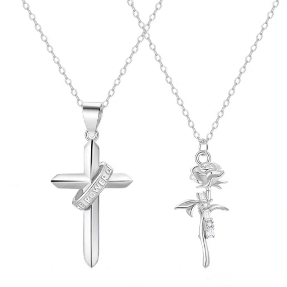 engravable-cross-and-rose-matching-couple-necklaces-in-sterling-silver_1 EterLove Cross & Rose Matching Necklaces - Sterling Silver
